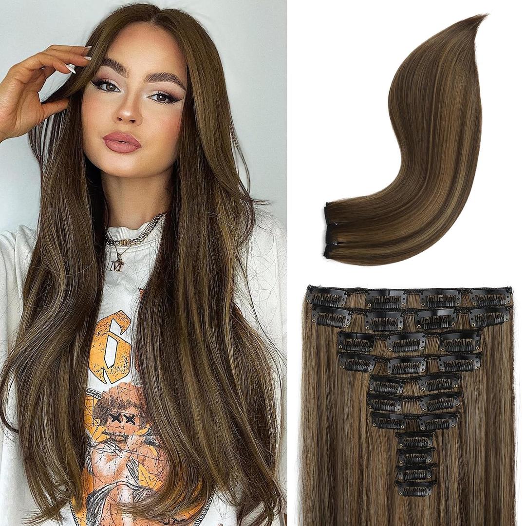 REECHO Hair Extensions, 11PCS Clip in Hair Extensions 24" Long Straight hair extensions HE005 Natural Soft Synthetic Hairpieces for Women – Dark Brown with Highlights