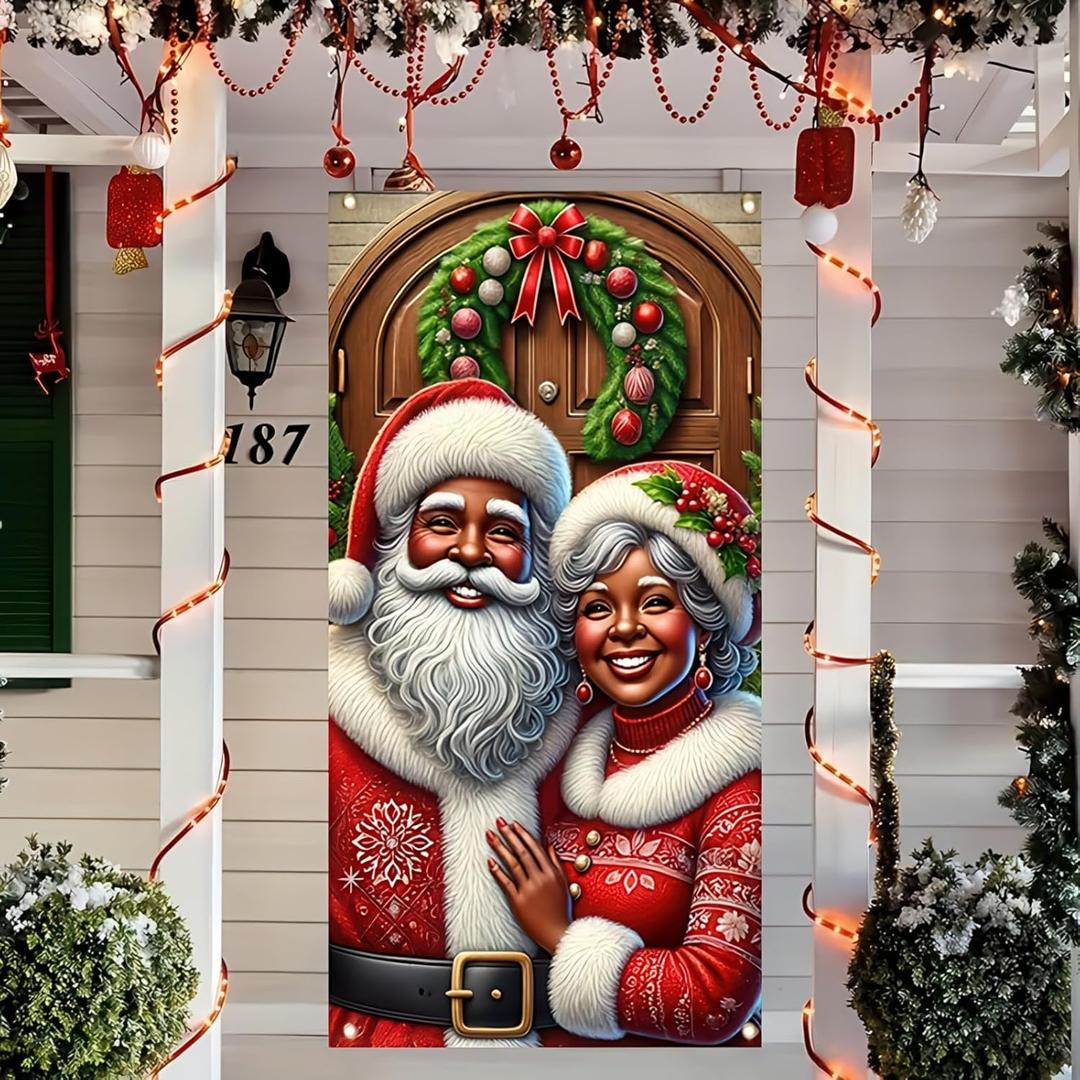 3 x BlissYard Christmas Door Cover 71x35 Inch Santa Claus Couple Door Banner, Merry Christmas Winter Porch Sign with Santa and Mrs Claus, Holiday Entry Decor Indoor Outdoor Farmhouse Party Hanging Cover