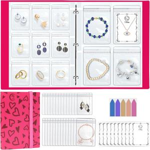 Large Transparent Jewelry Storage Book with 300 Pockets and 50 Jewelry Pouches,Travel Jewelry Organizer and Storage,Jewelry Binder Organizer for Earring,Bracelet,Necklace (300 Grids+50 pvc bags,Pink heart)