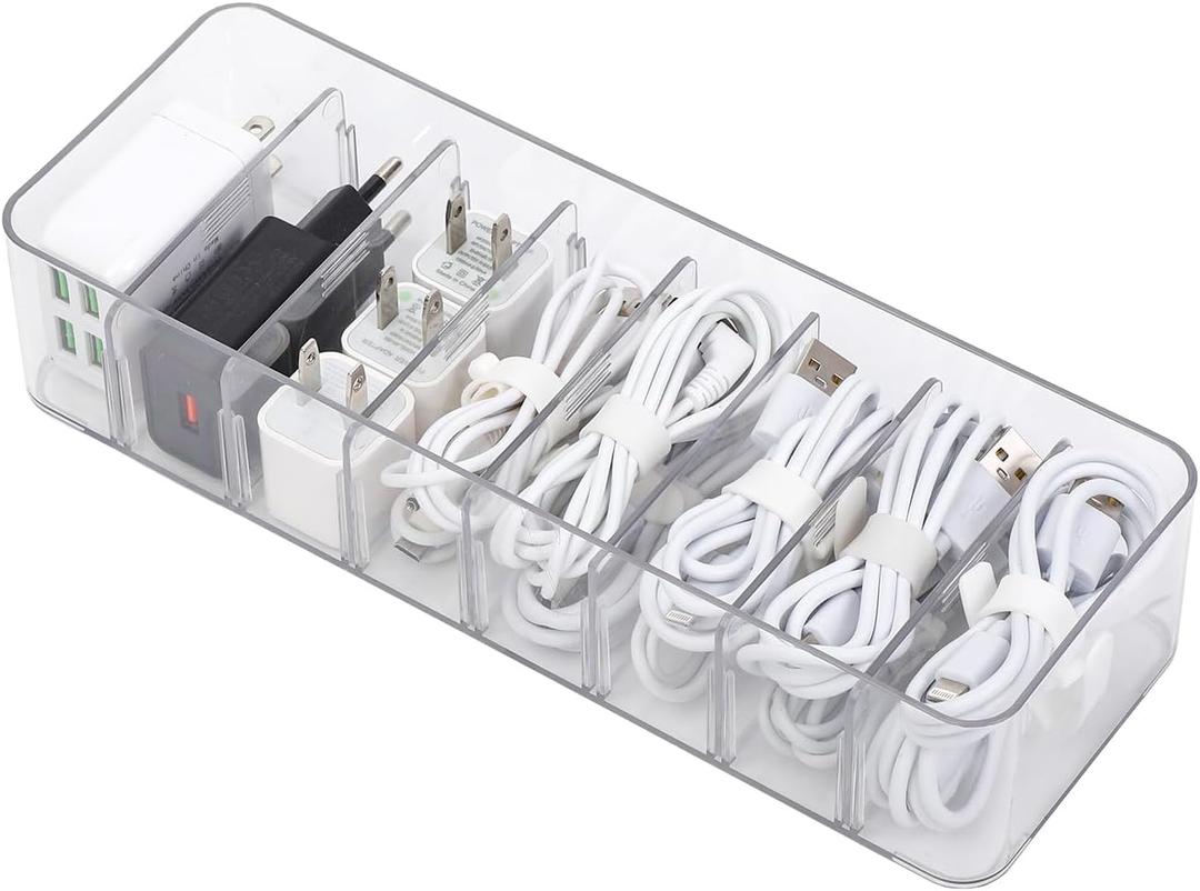 Yesesion Clear Plastic Cable Organizer Box with Adjustment Compartments, Desk Accessories Storage Case with 10 Wire Ties for Drawer, Office Supplies, Electronic Management, Battery and Charger