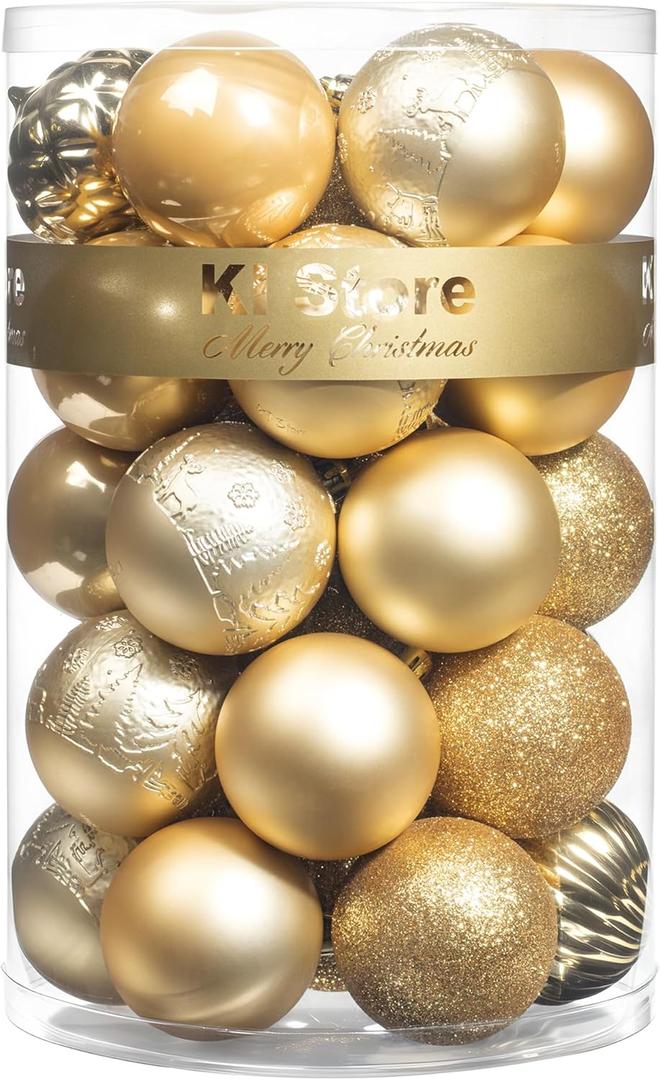 KI Store Gold Christmas Balls 34pcs 2.36-Inch Christmas Tree Decoration Ornaments for Xmas Tree Holiday Wreath Garland Decor Ornaments Hooks Included
