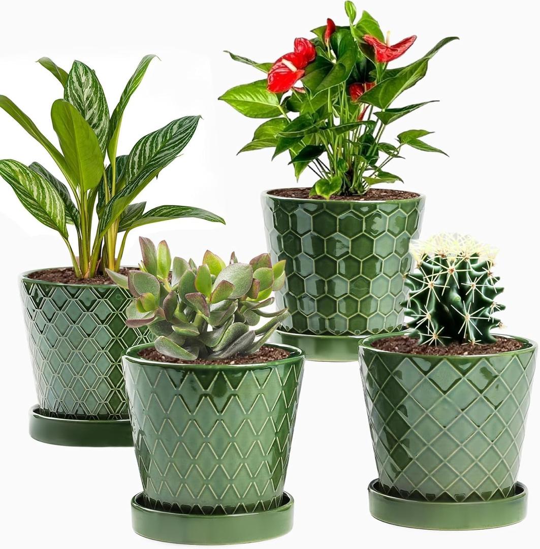 EFISPSS Flower Planter 5 inch Ceramic Plant Pots with Drainage Hole and Ceramic Tray - Gardening Home Desktop Office Windowsill Decoration Gift Set of 4 - Plants NOT Included (Patina)