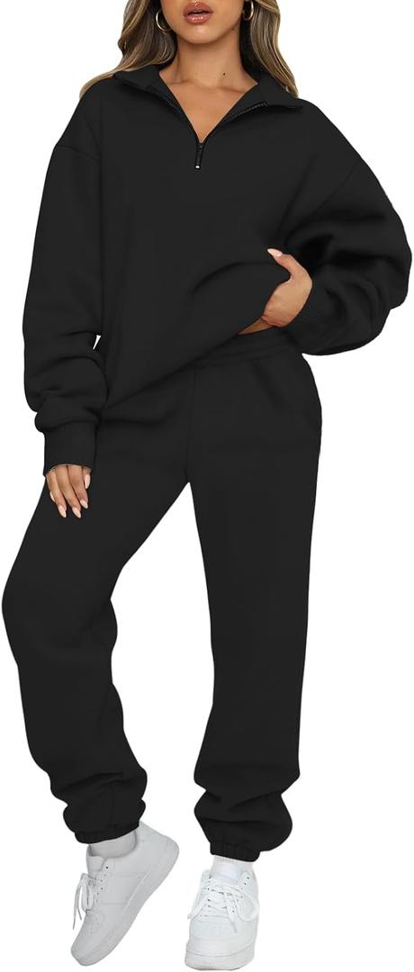 AUTOMET Women's Sweatsuits 2 Piece Outfits Lounge Sets Long Sleeve Half Zip Pullover and Baggy Sweatpants with Pockets (Large, Black)