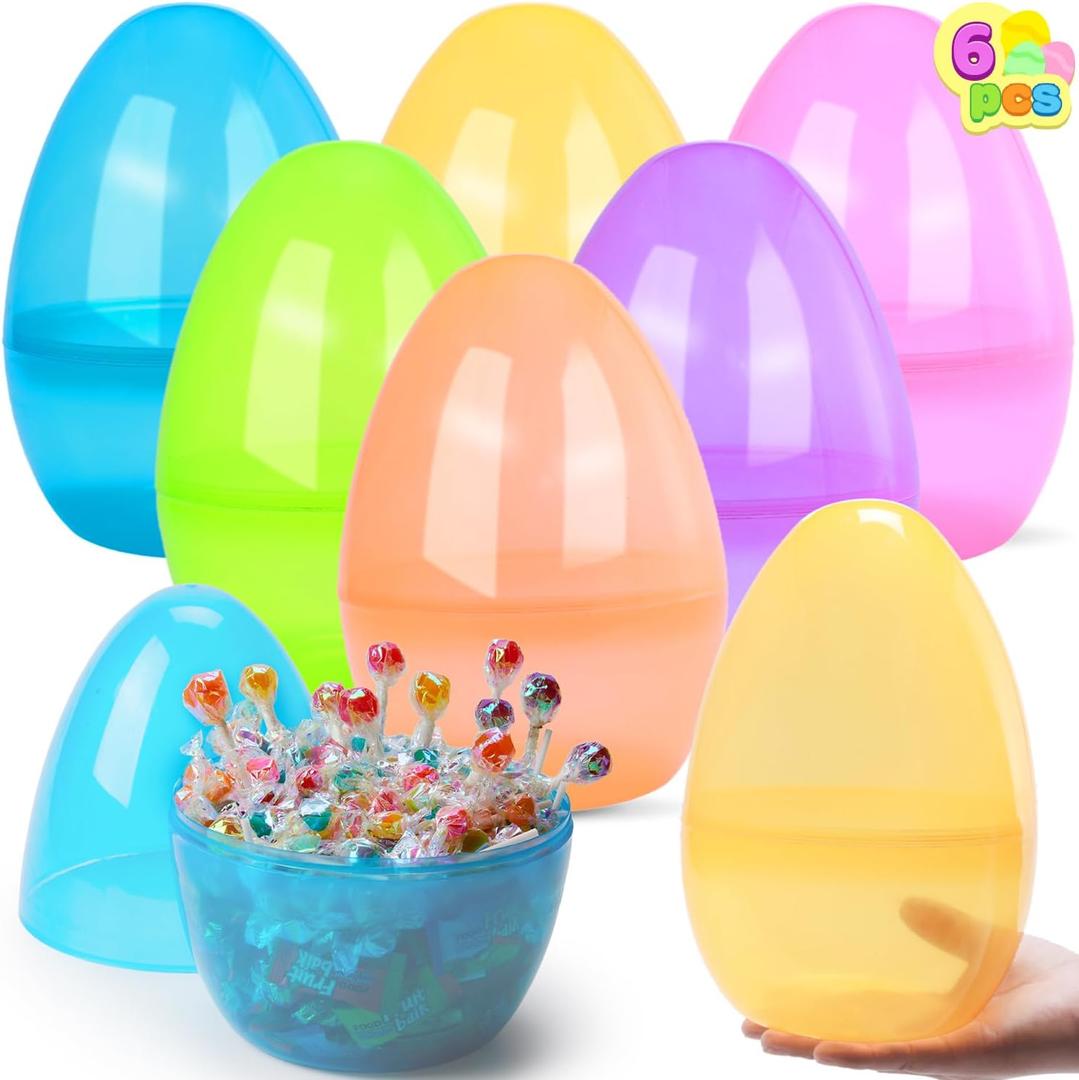 JOYIN 10" Jumbo Easter Eggs, 6PCS Colorful Plastic Giant Eggs Empty Fillable for Easter Filling Treats Party Favor Hunt Classroom Prize Supplies Decoration