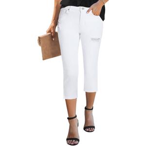 GRAPENT Capris Jeans for Women High Waisted Stretchy Ripped Skinny Denim Capri Pants Distressed Cropped Jeggings Casual (Large, White)