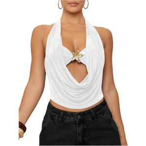 SOLY HUX Women's Halter Top Cut Out Draped Front Sleeveless Tie Backless Crop Tank Tops (White, Small)