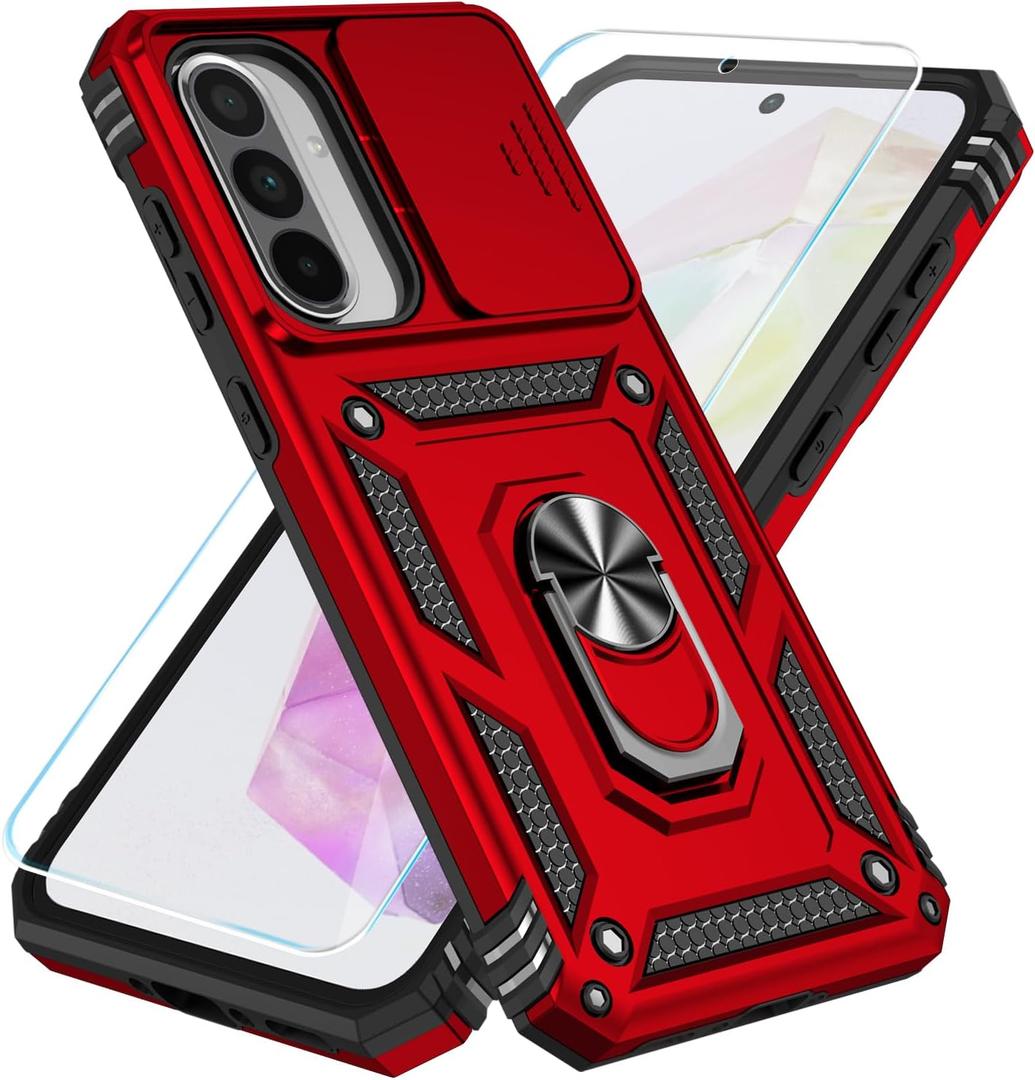 SunStory Case for Samsung Galaxy A36/A56 5G Case with HD Screen Protector & Slide Camera Cover & Rotated Ring Kickstand, [Heavy Duty Shockproof] Dual Layers Phone Case for Galaxy A36/A56, Red
