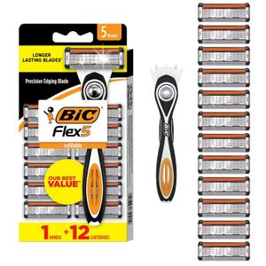 BIC Flex 5 Refillable Razors for Men, Long-Lasting 5 Blade Razors for a Smooth and Comfortable Shave, 1 Handle and 12 Cartridges, 13 Piece Shaving Kit