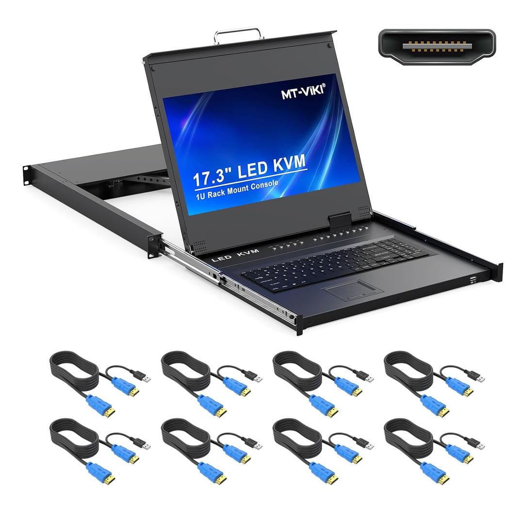 MT-VIKI KVM Rack Mount HDMI with 17.3'' LCD Monitor, 1080P@60Hz Support OSD/Hotkey, Included 8 KVM Cables+Keyboard + Touchpad, Fit 1U 19'' Rack, Mount Depth 23.6-31.8"