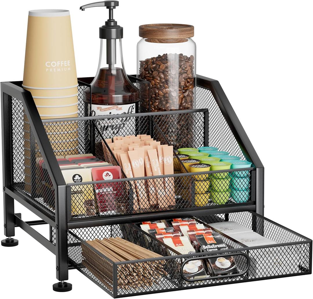 SWTYMIKI Coffee Bar Organizer for Countertop Space-Saving Kcup Organizer with Drawer and Tiered Shelves, Coffee Station for Pods, Sugar, Syrup, Cups, Stirrers, Condiment Organizer Storage