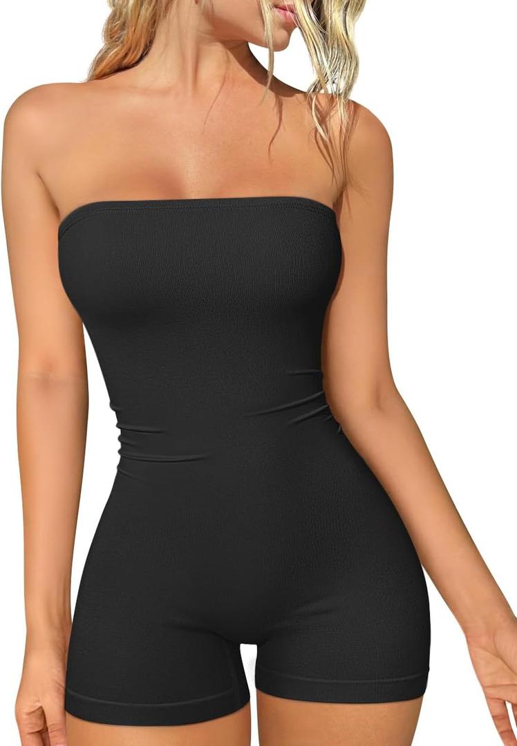 OQQ Womens Tube Rompers Summer Strapless Basic Sleeveless Ruched Stretch Classic-Fit Sexy Rompers 2025 (Black, M)
