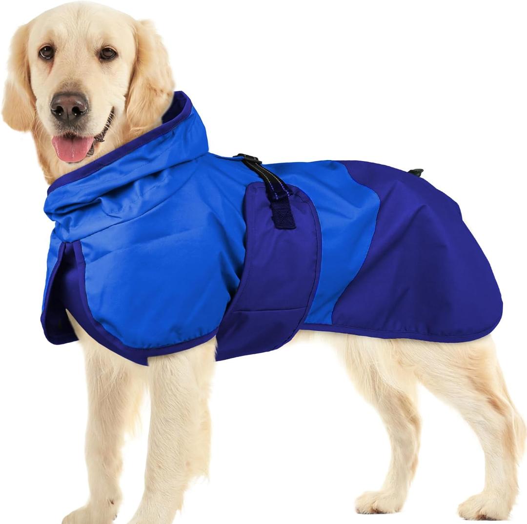 BRKURLEG Dog Raincoat Adjustable Dog Rain Jacket with Hood Dogs Waterproof Rainproof Jacket with Leash Hole Pet Poncho Rain Coat Poncho with Reflective Strip, Blue, XXXL (XXXL(Back Length 26.7"))
