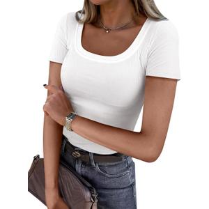 Women's Short Sleeve Tops Casual Scoop Neck Ribbed Knit Slim Fitted Basic Tee Shirts 2025 Summer Trendy Outfits (White, M)