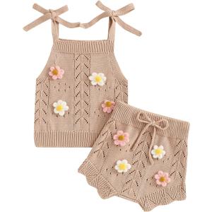 Toddler Girl Fall Outfits Knit Baby Clothes Tie-up Camisole With Elastic Waist Shorts 2 Pcs Clothing Set (18-24 Months)