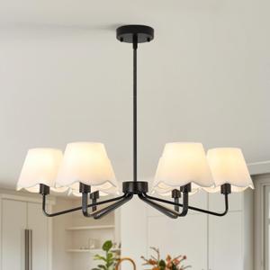 6-Light Black Farmhouse Chandelier with White Fabric Shade, Black Light Fixture for Dining Room Kitchen Island Living Room Entryway.E12.