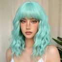 LOSMOEER Mint Green Wig with Bangs Short Wavy Wigs for Women Shoulder Length Curly Bob Wigs Heat Resistant Synthetic Wigs for Halloween Cosplay Daily Party Use (14 Inch)