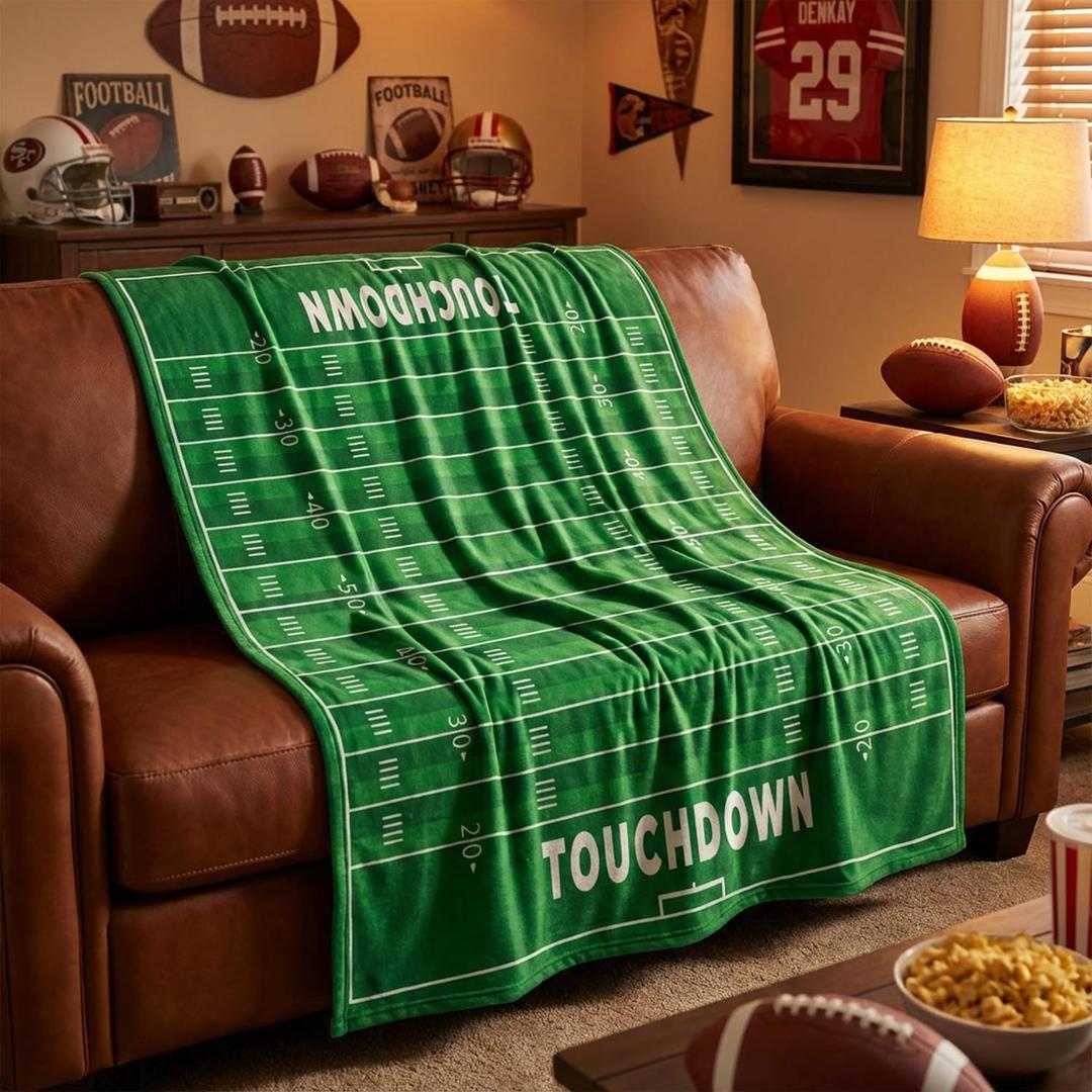 Horaldaily Football Flannel Blanket Throw, Sports Theme Football Touchdown and Game Day Soft Fuzzy Plush Cozy Fleece Blankets for Couch Sofa Bed Lounging, Ideal Gifts for Kids Adults Self, 50x60 (Green)