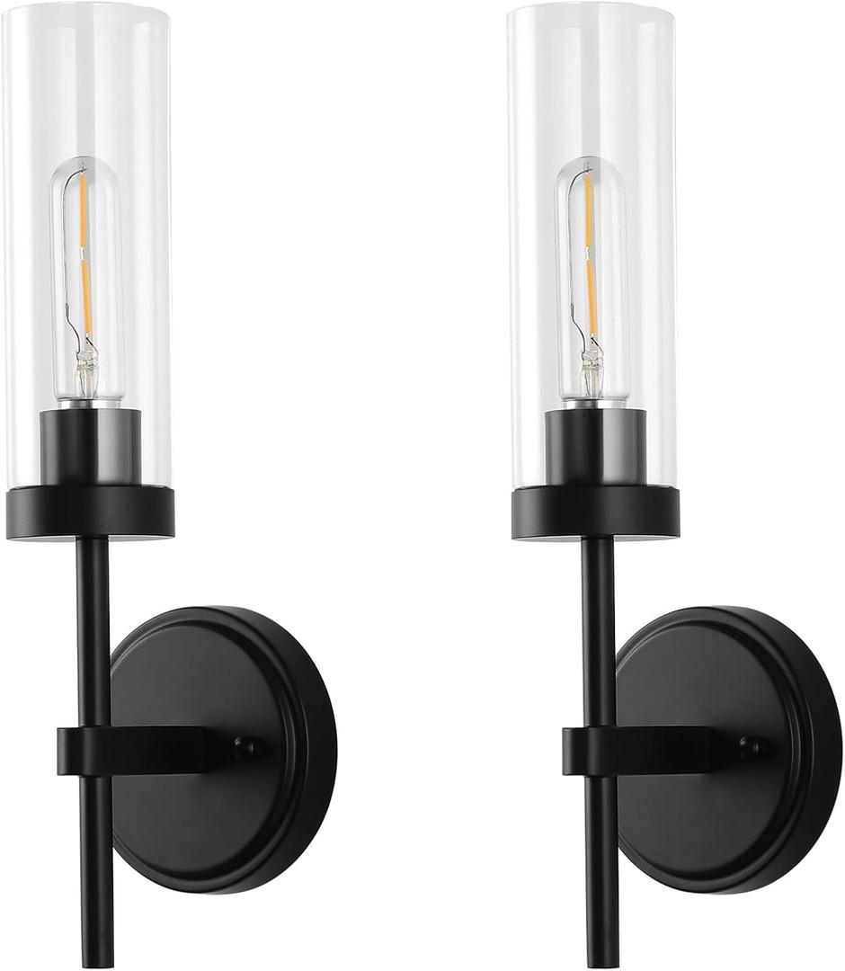 WILON Black Wall Sconces Set of 2, Bathroom Sconces Vanity Light Fixtures with Clear Glass Shades, Indoor Rustic Farmhouse Wall Lamps for Bedroom Living Room Bathroom Bedside Hallway Mirror