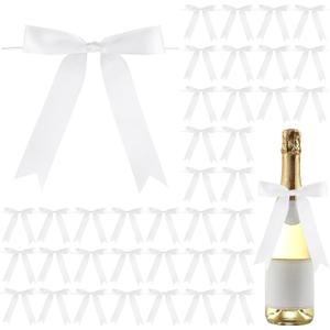 Riceshoot 50 Pcs Twist Tie Bows 5x7 Inch Large Satin Ribbon Bow for Gift Wrapping Champagne Bottle Cake Treat Bag Craft DIY Gift Wedding Baby Shower Bridal Shower Christmas Birthday Party(White) (Raw White)
