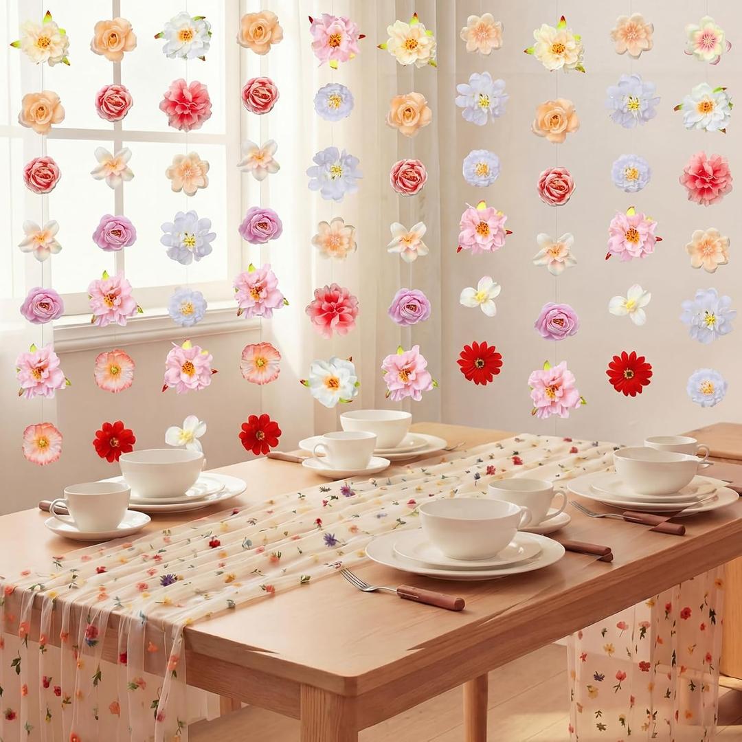 HunnmingRe 7 Pcs 5ft Artificial Flowers Garland Hanging Decorations & 10ft Spring Floral Table Runner Wedding Fake Rose Background Seasonal Wildflower Tulle Table Runner for Home Room Garden Arch