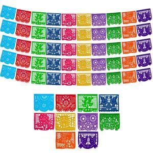 Mexican Party Banners (5 Pack with 10 Plastic Flags per Banner) - Papel Picado Mexicano para Fiesta - Plastic Papel Picado - Fiesta Themed Party Decorations - Mexican Decor