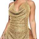 Women's Sequin Halter Bodycon Mini Dress Split Hem Backless Cowl Neck Sexy Short Dress Open Back Cocktail Party Dresses, Gold, L