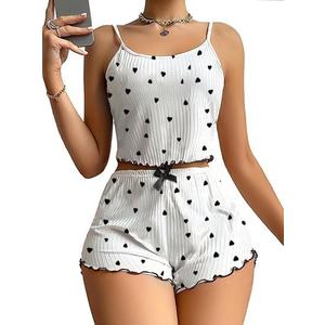 Hilinker Women's Graphic 2 Piece Pajama Set Summer Cute Crop Cami Top and Shorts Ribbed Sleepwear Sets Black Heart Large (White, L)