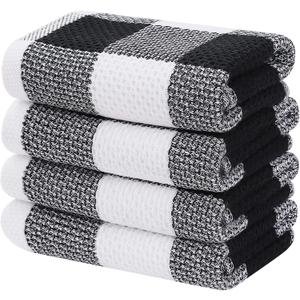 Homaxy 100% Cotton Waffle Weave Check Plaid Kitchen Towels, 13 x 28 Inches, Super Soft and Absorbent Dish Towels for Drying Dishes, 4-Pack, White & Black