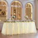 6FT Champagne Tulle Table Skirt with LED Lights for Rectangle or Round Tables 2-Layer Ruffle Tulle Tutu Cloth Desk Table Skirt for Birthday Party Baby Shower Wedding Banquet Cake Dessert Decorations