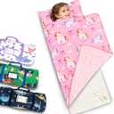 Primlect Toddler Thickened Foam Nap Mat with Pillow, Extra Large 55"x35", Soft, Supportive Sleeping Bag with Detachable, Washable Cover, for Sleepover, Home, Travel, Boys and Girls (Pink Unicorn)