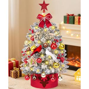MARTINE MALL 2FT Small Christmas Tree with 30 LED Lights, Snowy Flocked Mini Christmas Tree Artificial Tabletop Xmas Trees with Cardinal Birds Red Bow Star Hanging Ornaments for Table Desk Small Space
