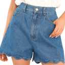 Women High Waisted Denim Shorts Elastic Back Waist Loose Fit Wave Hem Summer Casual Jean Shorts with Pockets (Blue, L)