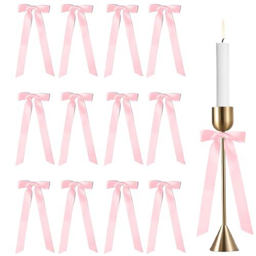 12 Pcs 10 Inch Pink Bows for Candlestick Large Coquette Satin Ribbon Bow Decorations for Gift Wrapping Candle Holder Wedding Bridal Shower Birthday Bachelorette Party Home Decor