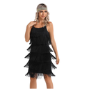 Women's Great Gatsby Flapper Spaghetti Tassel Dress with Headband, 20s Elegant Mini Dress Party Accessory COSTUME OUTFIT (L, Black)