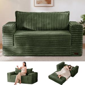 MAXYOYO Convertible Sofa Bed, 2 in 1 Folding Couch Bed for Small Space, Pull Out Loveseat Sofa Couch with Large Back Pillow, Plush Fabric Lounge Couch for Living Room, Apartment, Dark Green