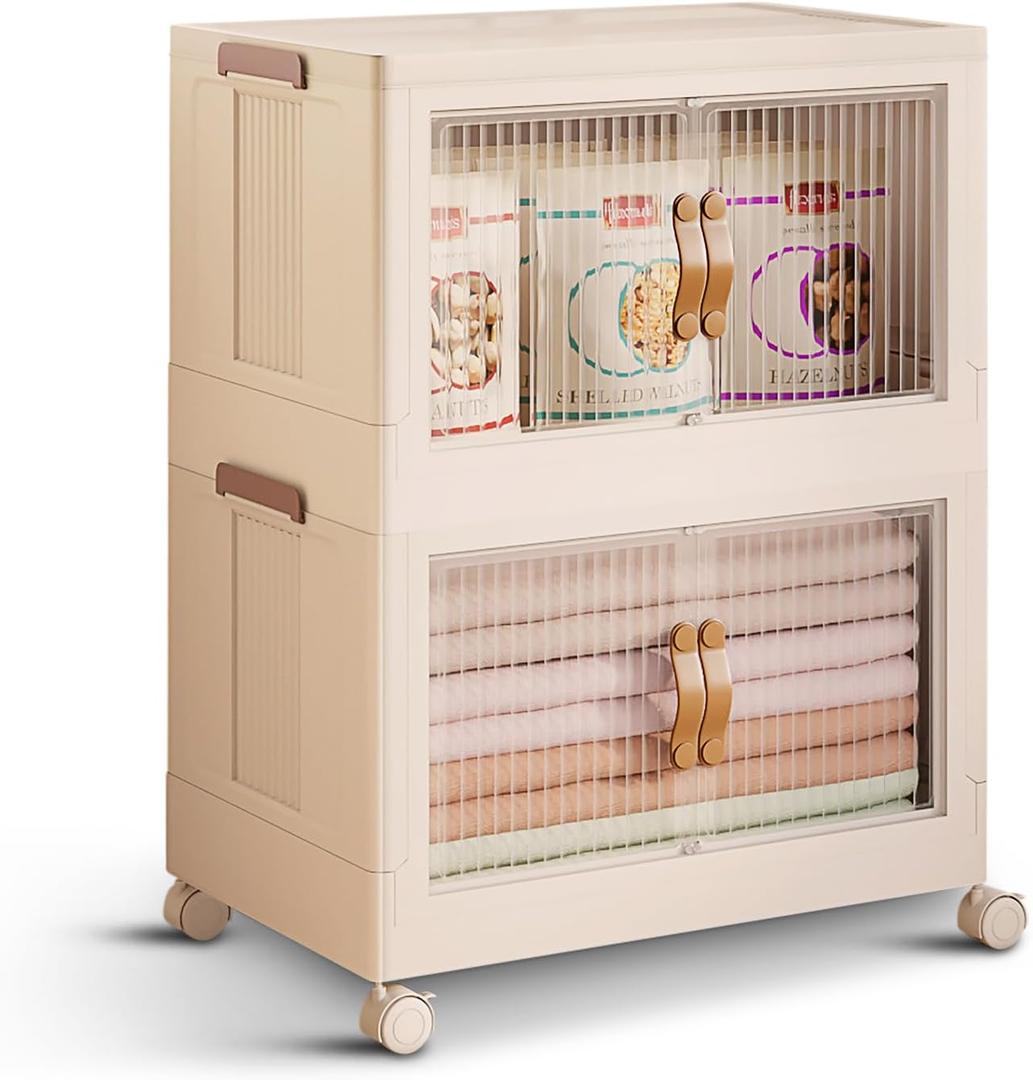 2 Tier Plastic Stackable Storage Bins Open Front with Lids & 360° Wheels 35 QT - Collapsible Storage Bins Home Office Closet Storage Organization, Foldable Clothes Storage Cabinet, 8.8 GAL