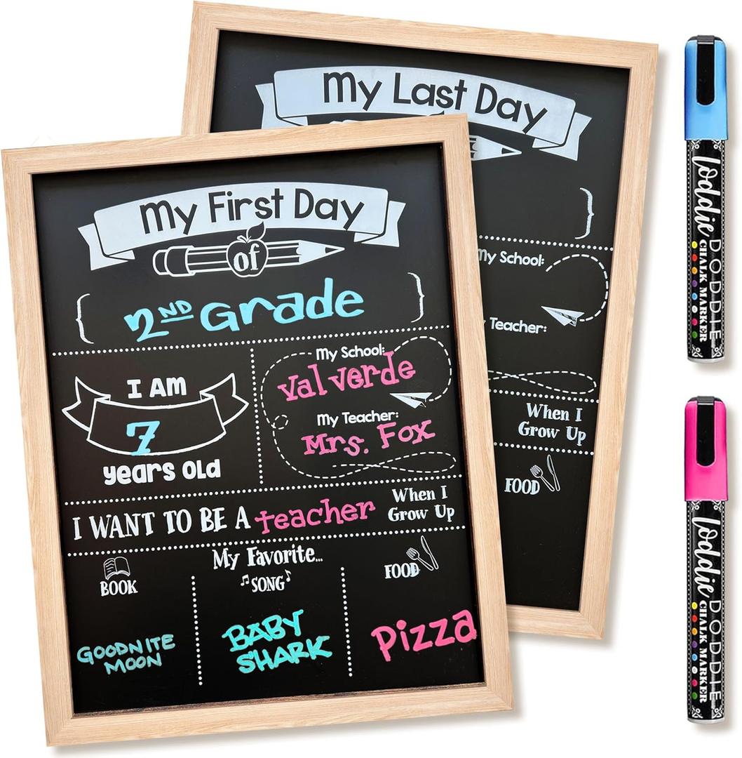 Loddie Doddie First & Last Day of School Sign Board - 14 x 11 in Light Wood Frame - Double-Sided Magnetic Chalkboard & 2 Liquid Chalk Markers - Classroom Sign & Photo Prop - Back to School Supplies