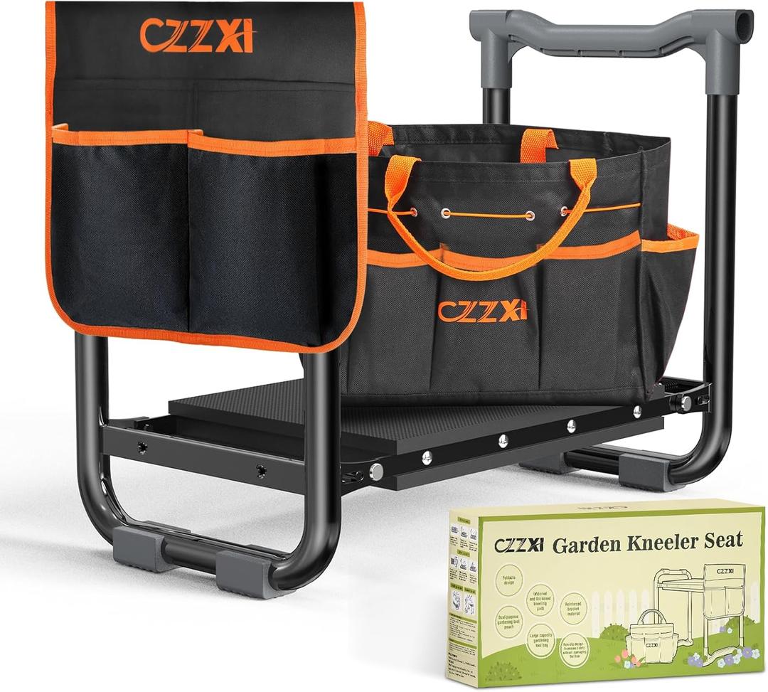 CZZXI Garden Kneeler and Seat, Wider and Thicker Kneeling Pad Heavy Duty Gardening Stool with Gardening Tool Pouch and Bag, Garden Bench/Chair Gifts for Women, Seniors (Black & Orange)