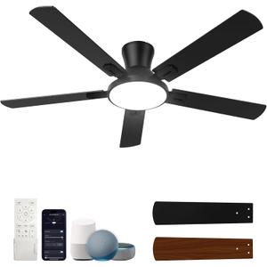 52 Inch Ceiling Fans with Lights and Remote, Smart Ceiling Fan Works with Alexa, Flush Mount Low Profile Ceiling Fan with Light for Bedroom Living Room, Quiet Reversible DC Motor, 3CCT Dimmable LED