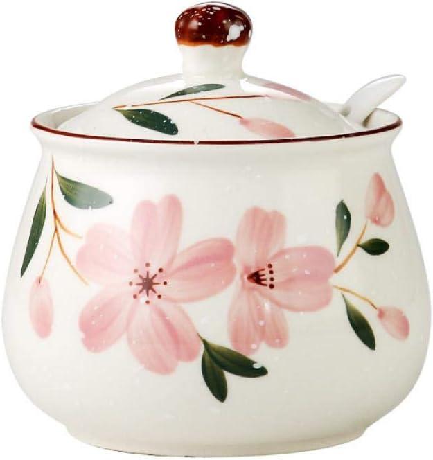 Ceramic Japanese Hand Painted Flower Sugar Bowl Seasoning Jar with Lid Spoon