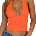 Womens Backless Halter Tops Deep V Neck Sexy Crop Tank Top Open Back Sleeveless Slim Fit Y2k Summer Tops (Medium, Neon Orange)