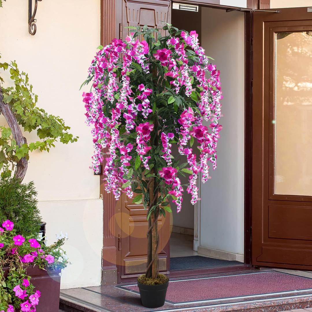 Thiccywoov 1 Pack 5ft Artificial Wisteria Tree Tall Fake Tree with Cement Base Pot Faux Floor Plant Decoration for Indoor Outdoor Home Office Housewarming Gift(Rosy Pink)