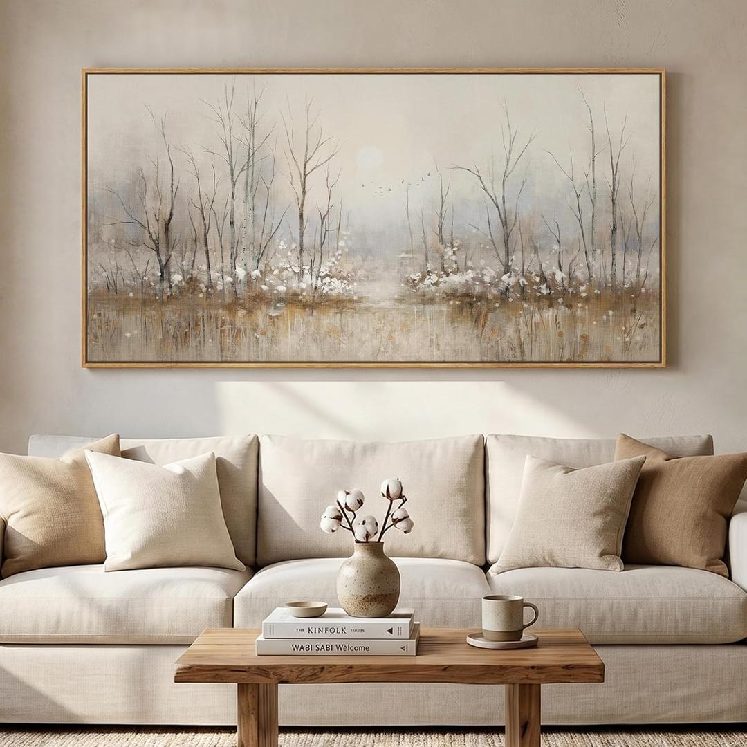 Large Framed Neutral Abstract Landscape Wall Art for Living Room, 60x30 In, 28.5"L x 57"W