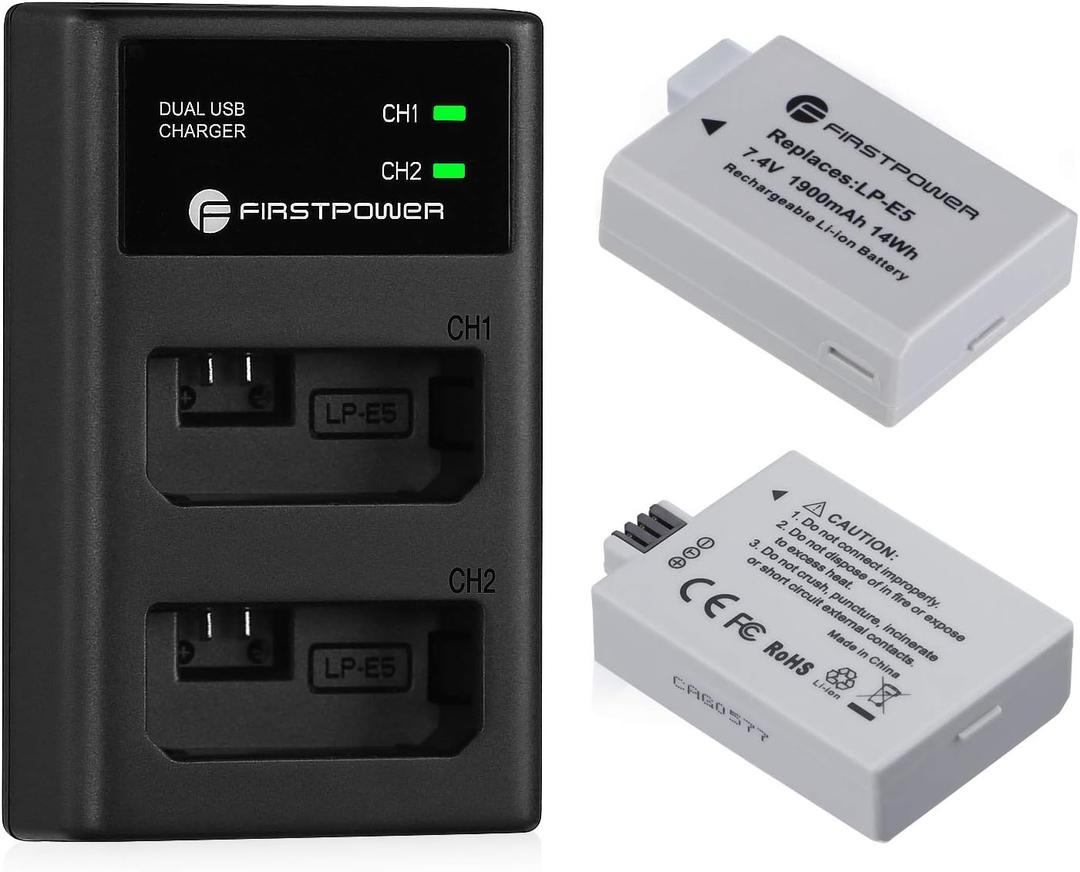 FirstPower LP-E5 Batteries (2 Pack, 1900mAh) and Dual USB Charger Compatible with Canon EOS Rebel XS, Rebel T1i, Rebel XSi, 1000D, 500D, 450D, Kiss X3, Kiss X2, Kiss F