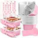 60 Pack Mini Cake Pans with Lids Mini Aluminum Pans, Disposable Loaf Pans Cupcake Liners with Lids for Pudding, Souffle, Party, Wedding(Pink, 5 oz)