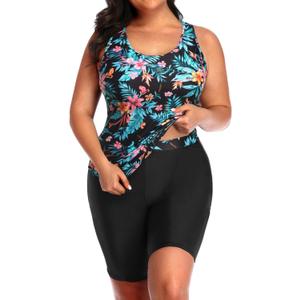 Daci Women's Plus Size Tankini Swimsuit - Two Piece Rash Guard with Capris Shorts and Athletic Racerback Bathing Suit (XX-Large, Colorful Floral 2) Daci Women's Plus Size Tankini Swimsuit - Two Piece Rash Guard with Capris Shorts and Athletic Racerback Bathing Suit (XX-Large, Colorful Floral 2)