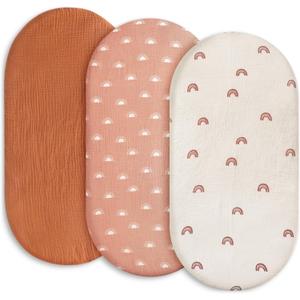 Gllquen Baby Muslin Bassinet Sheets 3 Pack, Breathable Elastic Cozy Fitted Cotton Bassinet Mattress Sheet for Baby Boy Girls, Fit for Hourglass Oval Rectangular Cradle Pad Sheets 33"x17"(Rainbow) (Red)
