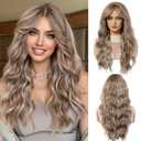 Blonde mixed Light Brown Long Wavy Wig for Women with Curtain Bangs Natural Curly Synthetic Hair Heat Resistant Wigs for Daily Party Cosplay Wear