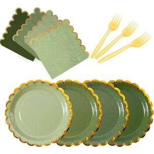 Green mix scalloped party plates with napkins and fork gold foil border, 24 Guest disposable Tableware Set Sage Green Party Decoration for Birthday Coquette Bridal Baby Shower Valentines