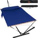 Lazy Daze Double Hammock with Stand, Balance Straps & Carry Bag for Outside, 2 Person Quilted Hammock with Hardwood Spreader Bar and Stand, Pillow, 450lbs Capacity, Tool-Free Assembly, Navy Blue
